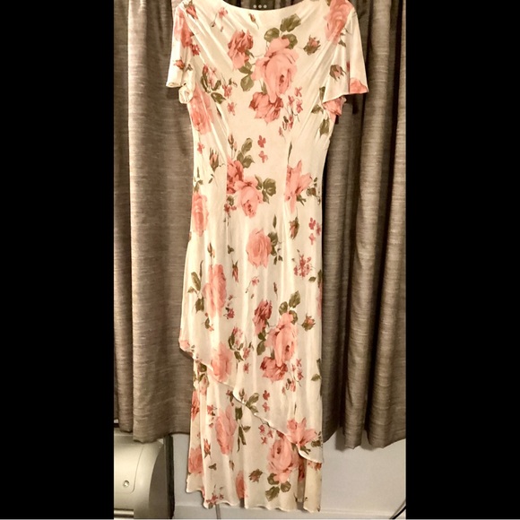 XL 14 Vintage Bias Cut Roses Rayon Crepe Gown Maxi Dress Romantic Feminine - Picture 2 of 6